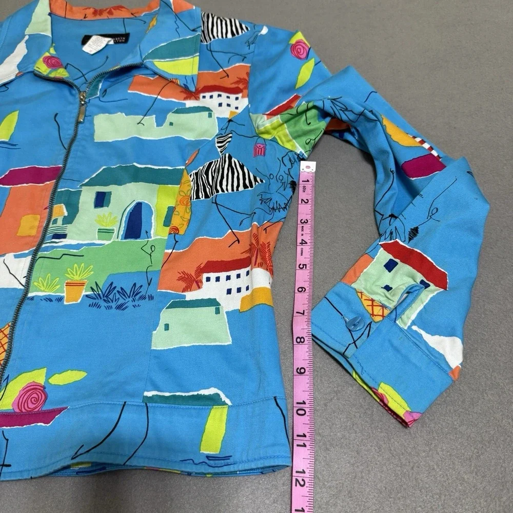 Vtg Women's Jacket Coat Sz 12 Funky Art To Wear Full Zip Houses Boats Travel 90s